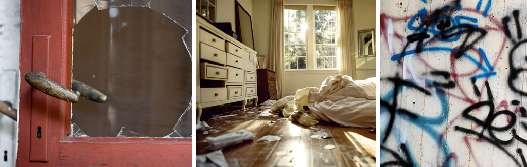 property damage caused by theft. Door and window breakage, tossed interior, and graffiti